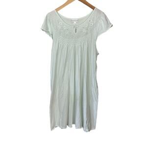 VTG Miss Elaine Nightgown Green Embroidered Flowers Pleated‎ Cap Sleeve Large